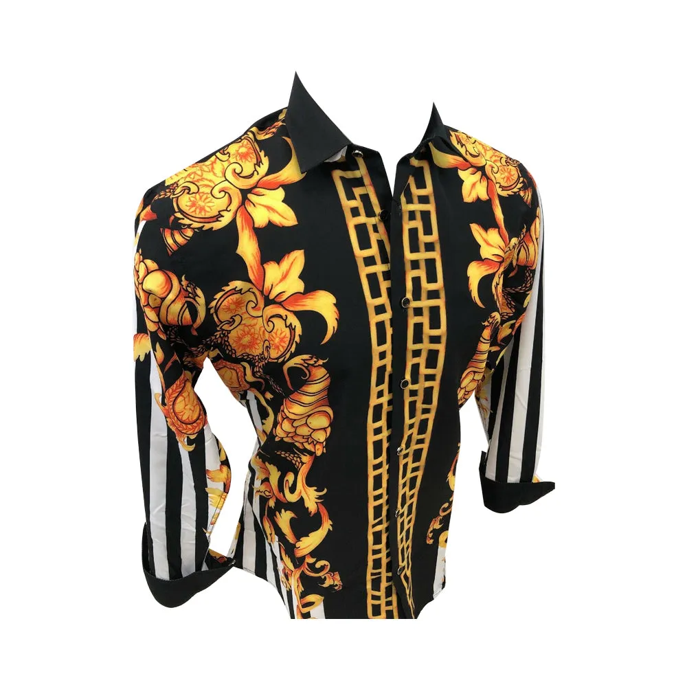 Mens PREMIERE Long Sleeve Button Down Dress Shirt Black Gold White Design