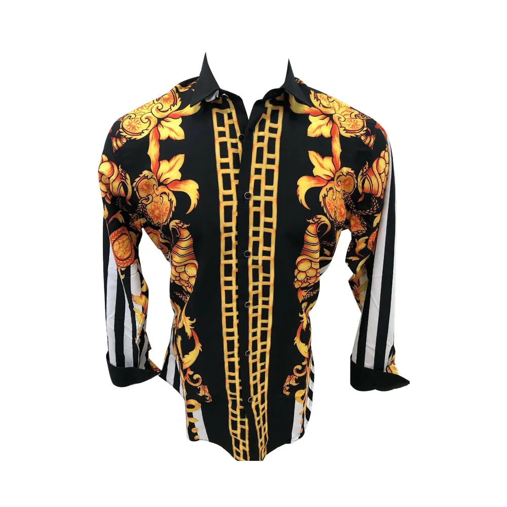 Mens PREMIERE Long Sleeve Button Down Dress Shirt Black Gold White Design