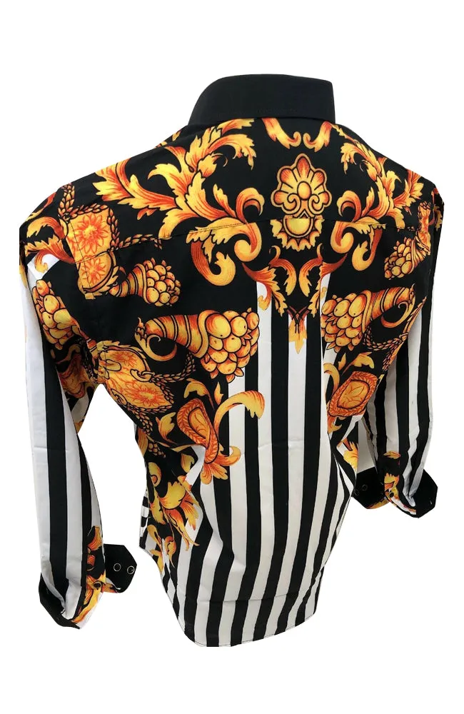 Mens PREMIERE Long Sleeve Button Down Dress Shirt Black Gold White Design