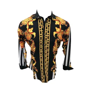 Mens PREMIERE Long Sleeve Button Down Dress Shirt Black Gold White Design