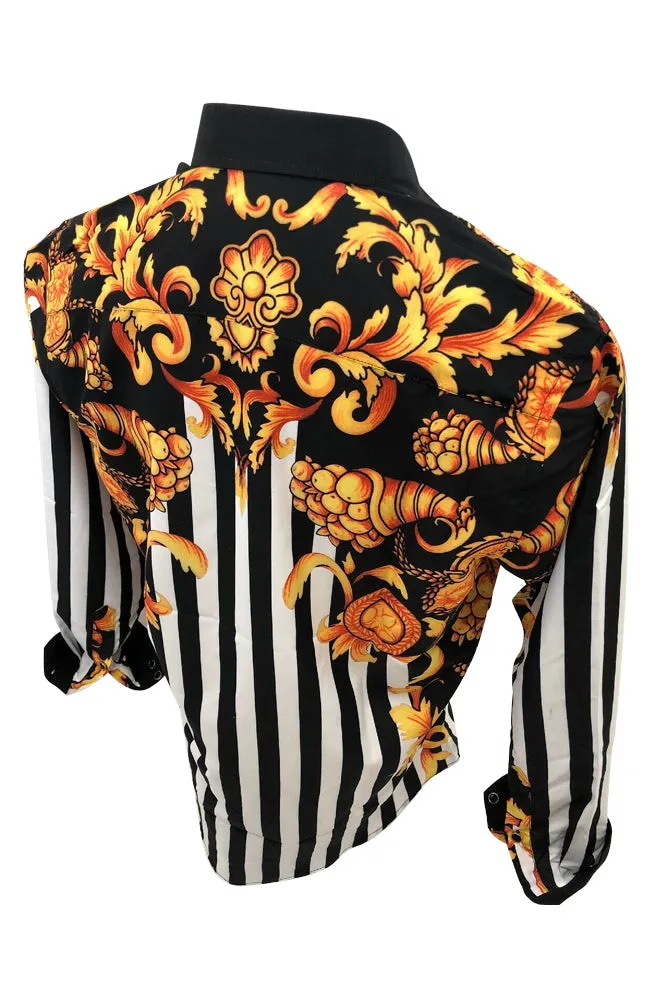 Mens PREMIERE Long Sleeve Button Down Dress Shirt Black Gold White Design