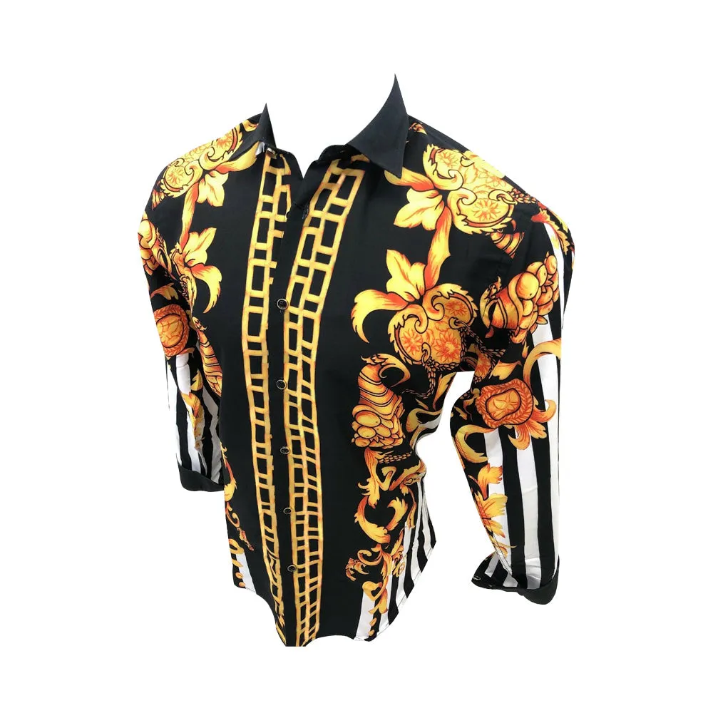 Mens PREMIERE Long Sleeve Button Down Dress Shirt Black Gold White Design