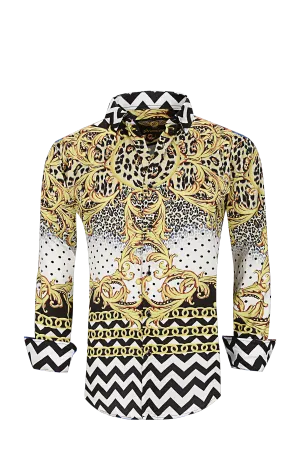 Mens PREMIERE Silky Long Sleeve Button Down Dress Shirt Black Gold Leopard