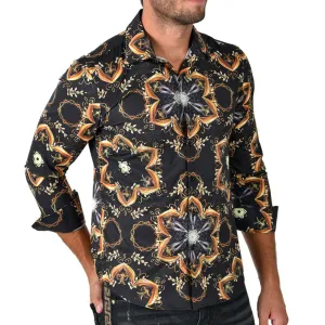 Men's Silky Long Sleeve Button Down Dress Shirt Black Gold Tribal Star Leaf Rope Chain