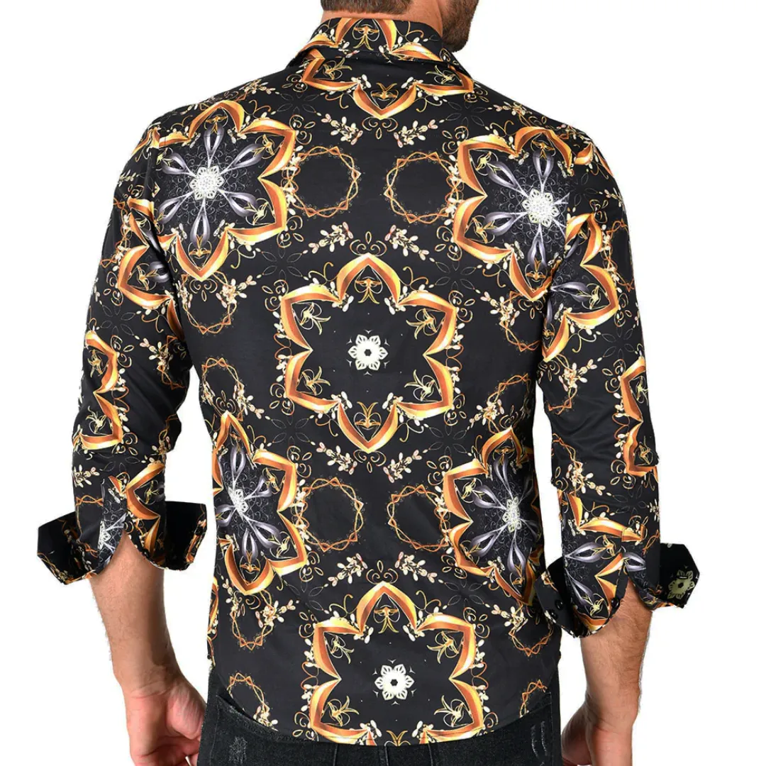 Men's Silky Long Sleeve Button Down Dress Shirt Black Gold Tribal Star Leaf Rope Chain