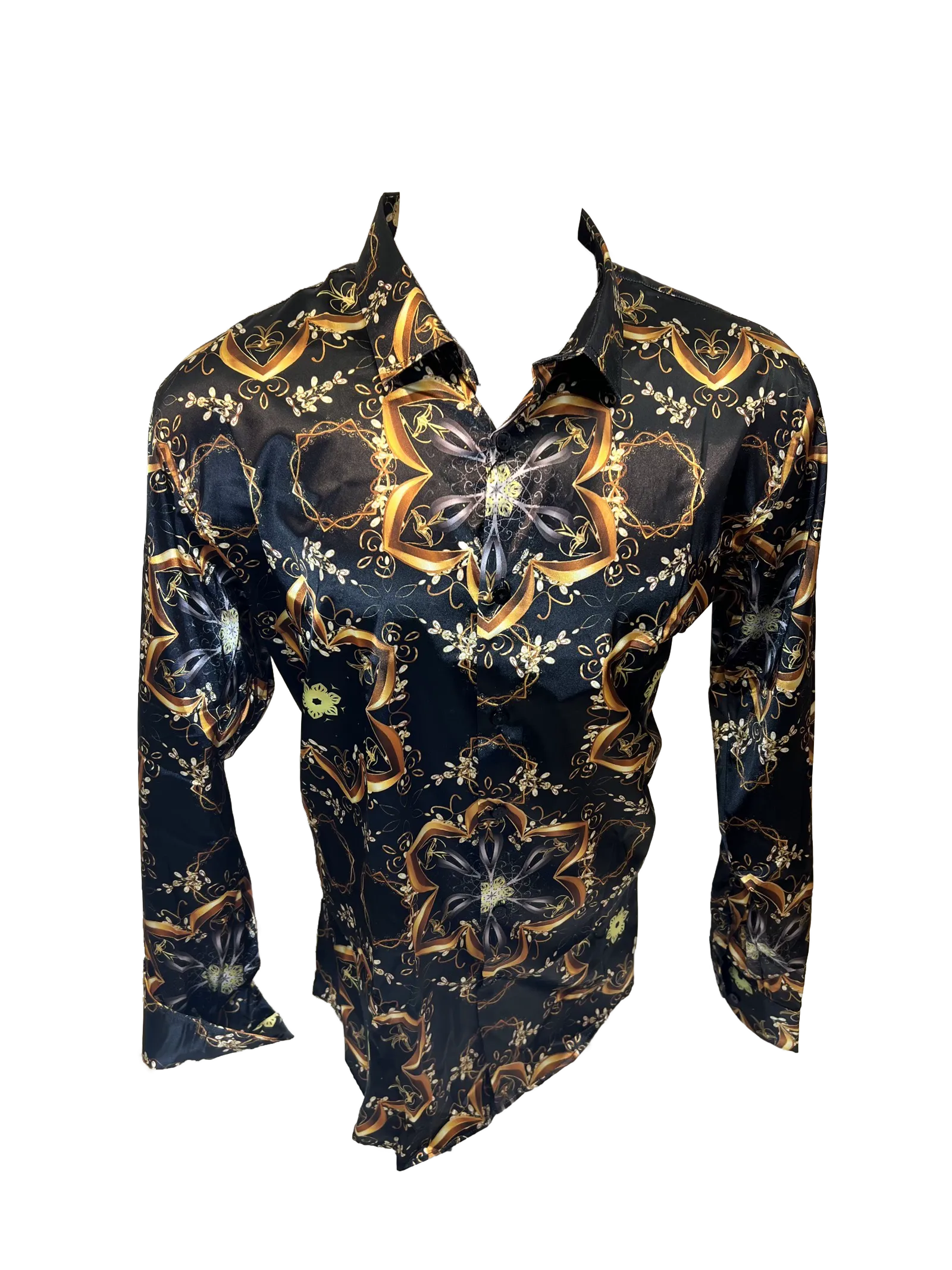 Men's Silky Long Sleeve Button Down Dress Shirt Black Gold Tribal Star Leaf Rope Chain