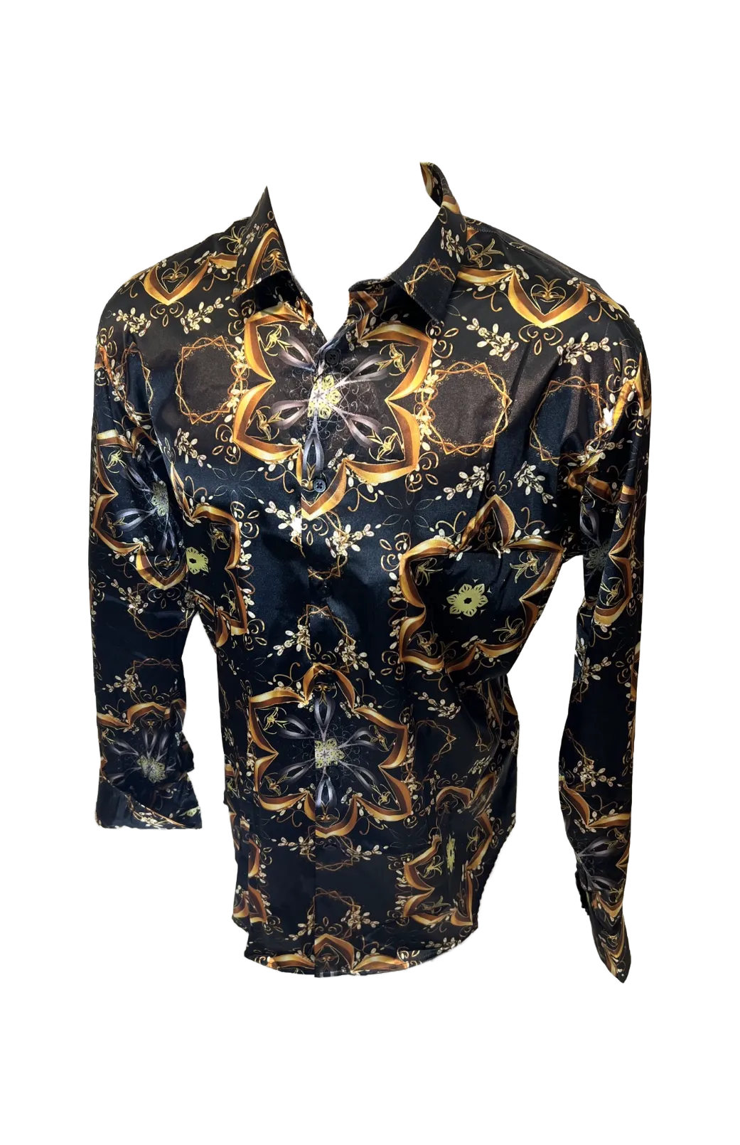 Men's Silky Long Sleeve Button Down Dress Shirt Black Gold Tribal Star Leaf Rope Chain