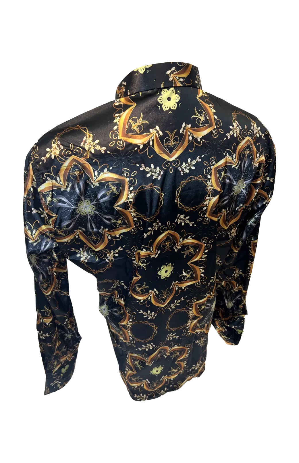 Men's Silky Long Sleeve Button Down Dress Shirt Black Gold Tribal Star Leaf Rope Chain