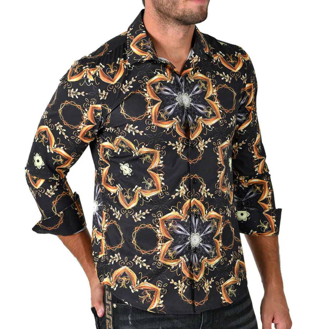 Men's Silky Long Sleeve Button Down Dress Shirt Black Gold Tribal Star Leaf Rope Chain