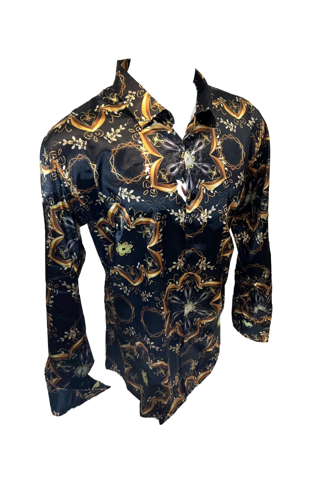 Men's Silky Long Sleeve Button Down Dress Shirt Black Gold Tribal Star Leaf Rope Chain