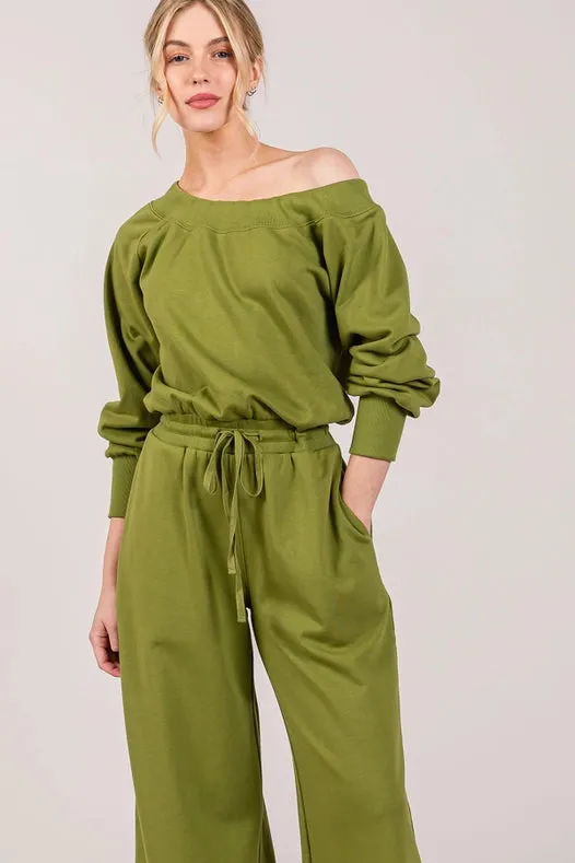 Off-The-Shoulder Slouchy Wide Leg Jumpsuit Apple Green