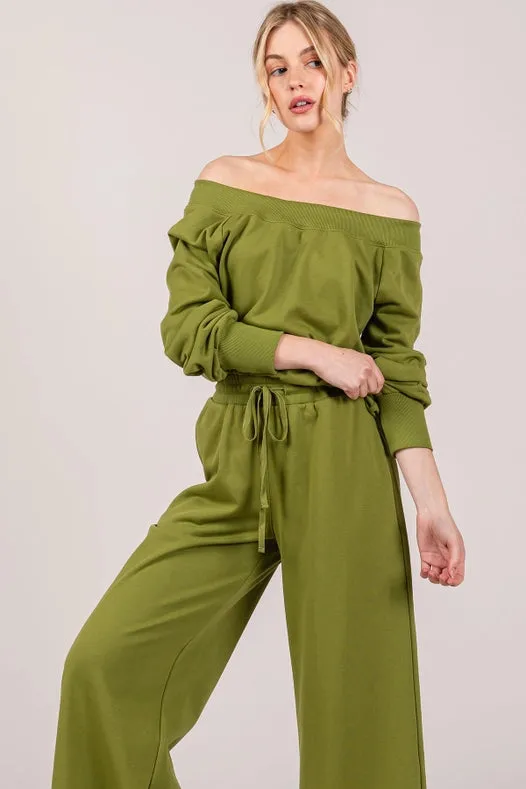 Off-The-Shoulder Slouchy Wide Leg Jumpsuit Apple Green