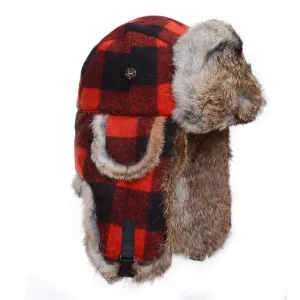 Original Wool Bomber - Red and Black Plaid with Brown Fur