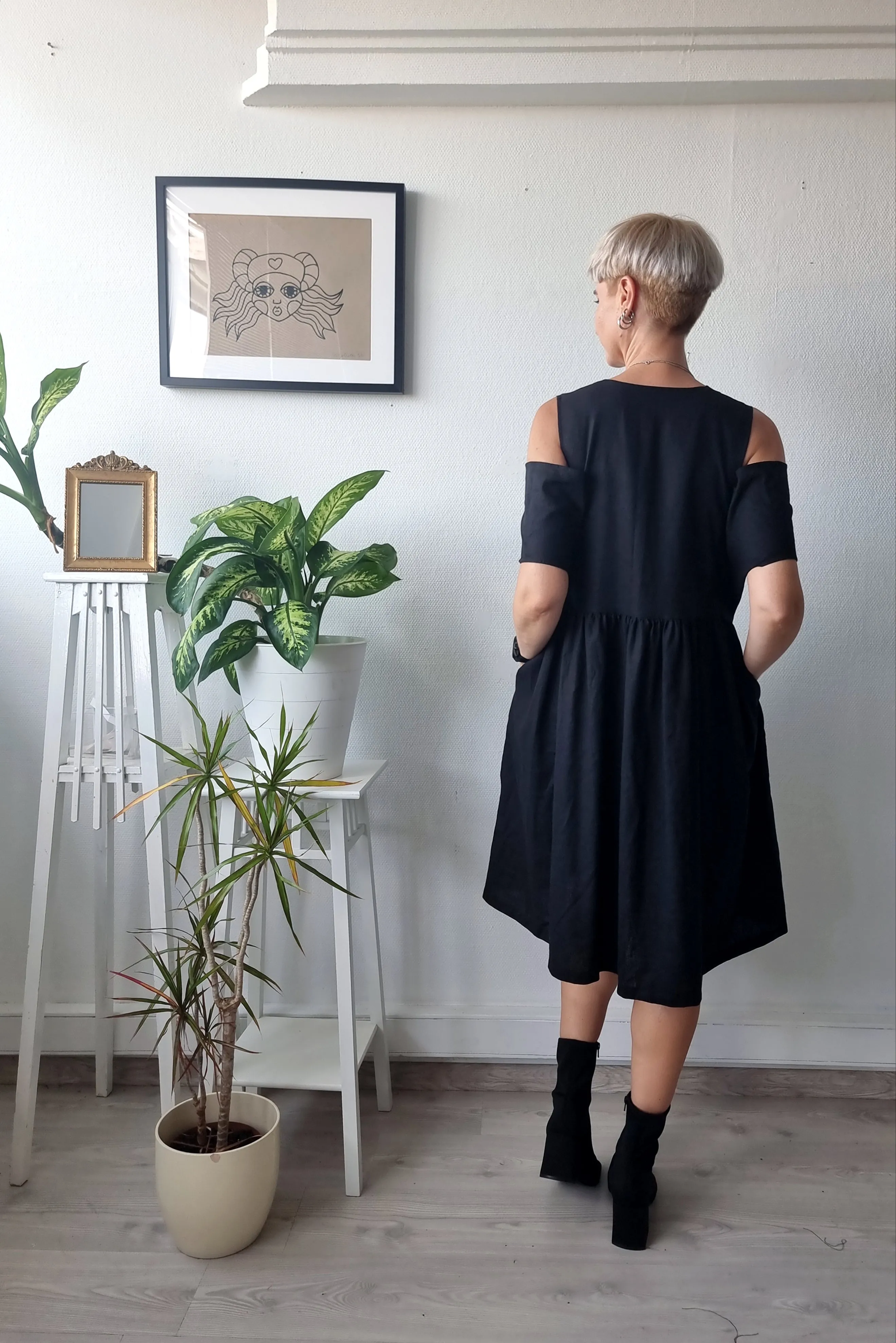 Oversized Black Linen-blend Dress for every occasion of your life. Black Mini Dress for Every Season.
