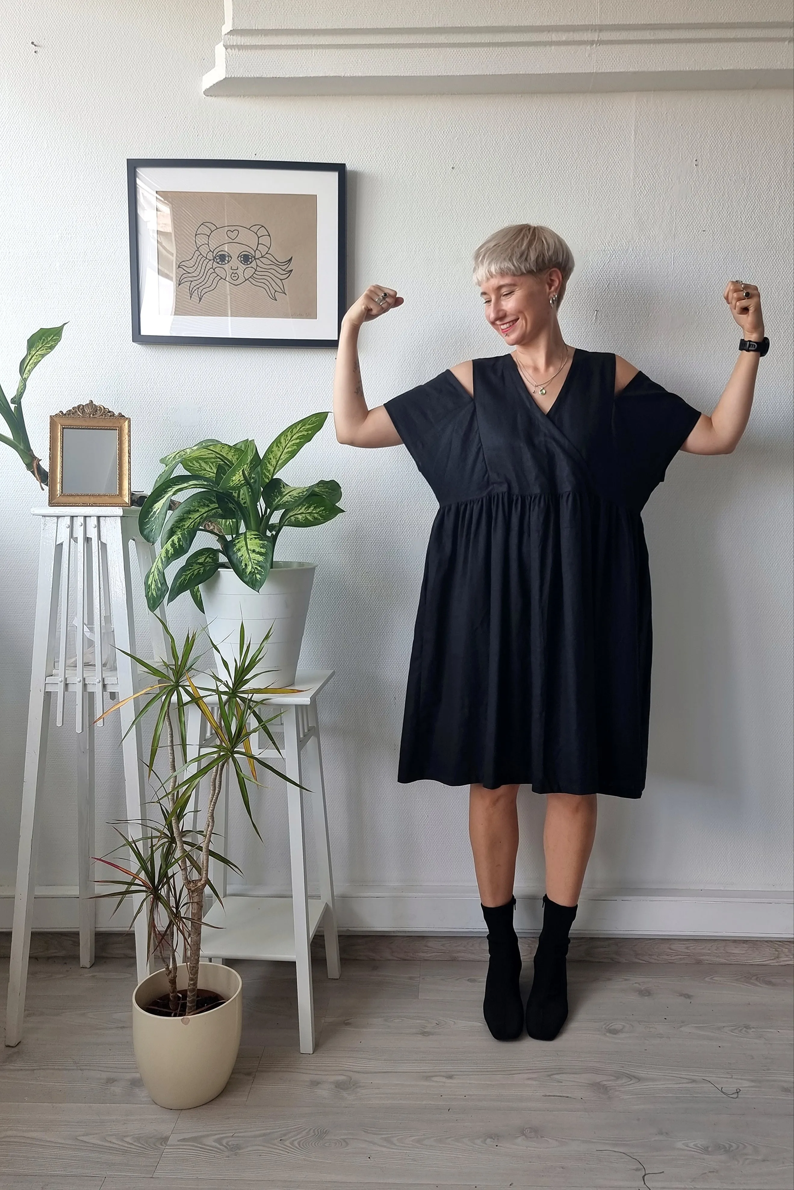 Oversized Black Linen-blend Dress for every occasion of your life. Black Mini Dress for Every Season.