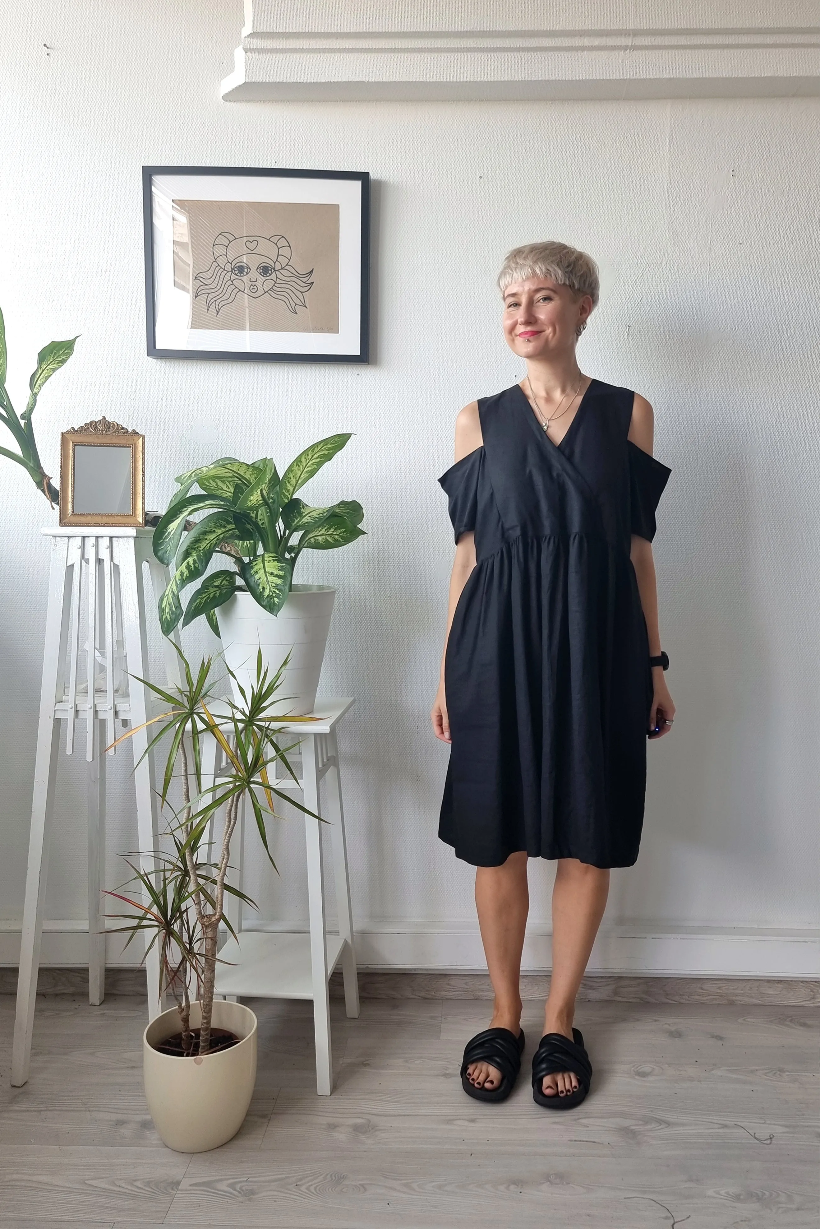Oversized Black Linen-blend Dress for every occasion of your life. Black Mini Dress for Every Season.