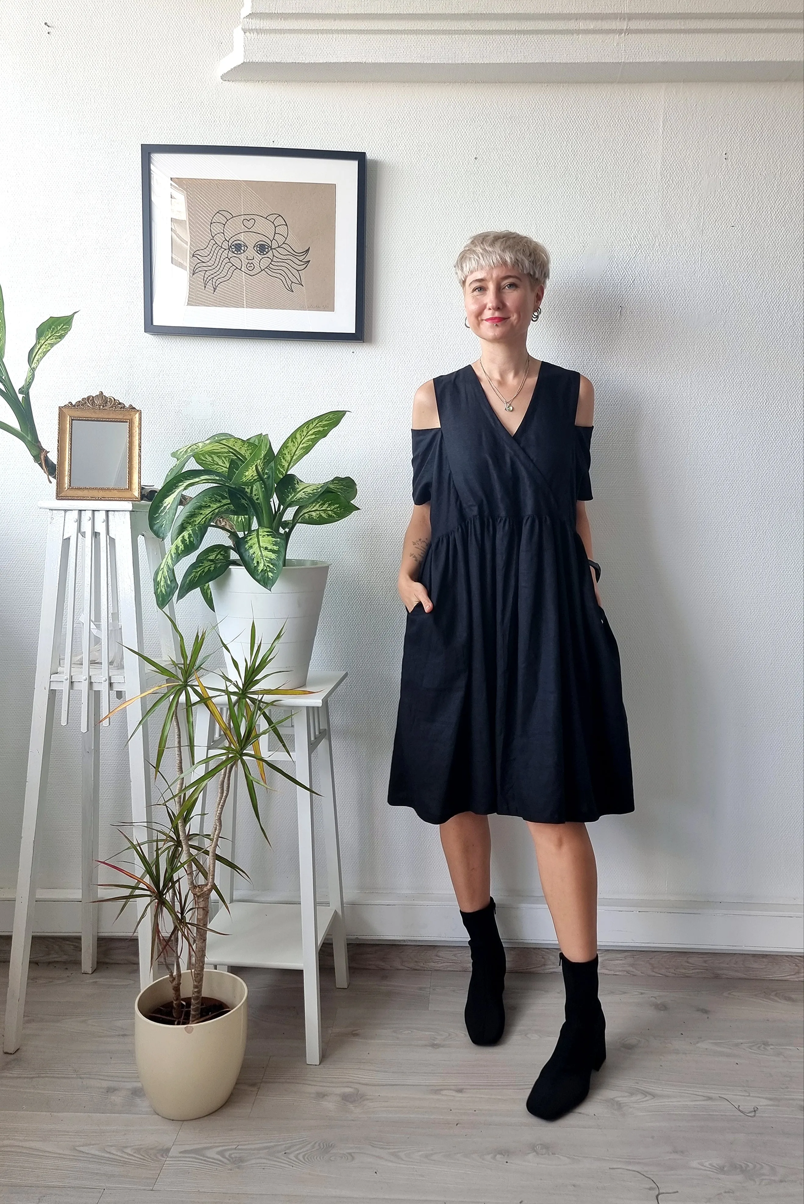 Oversized Black Linen-blend Dress for every occasion of your life. Black Mini Dress for Every Season.