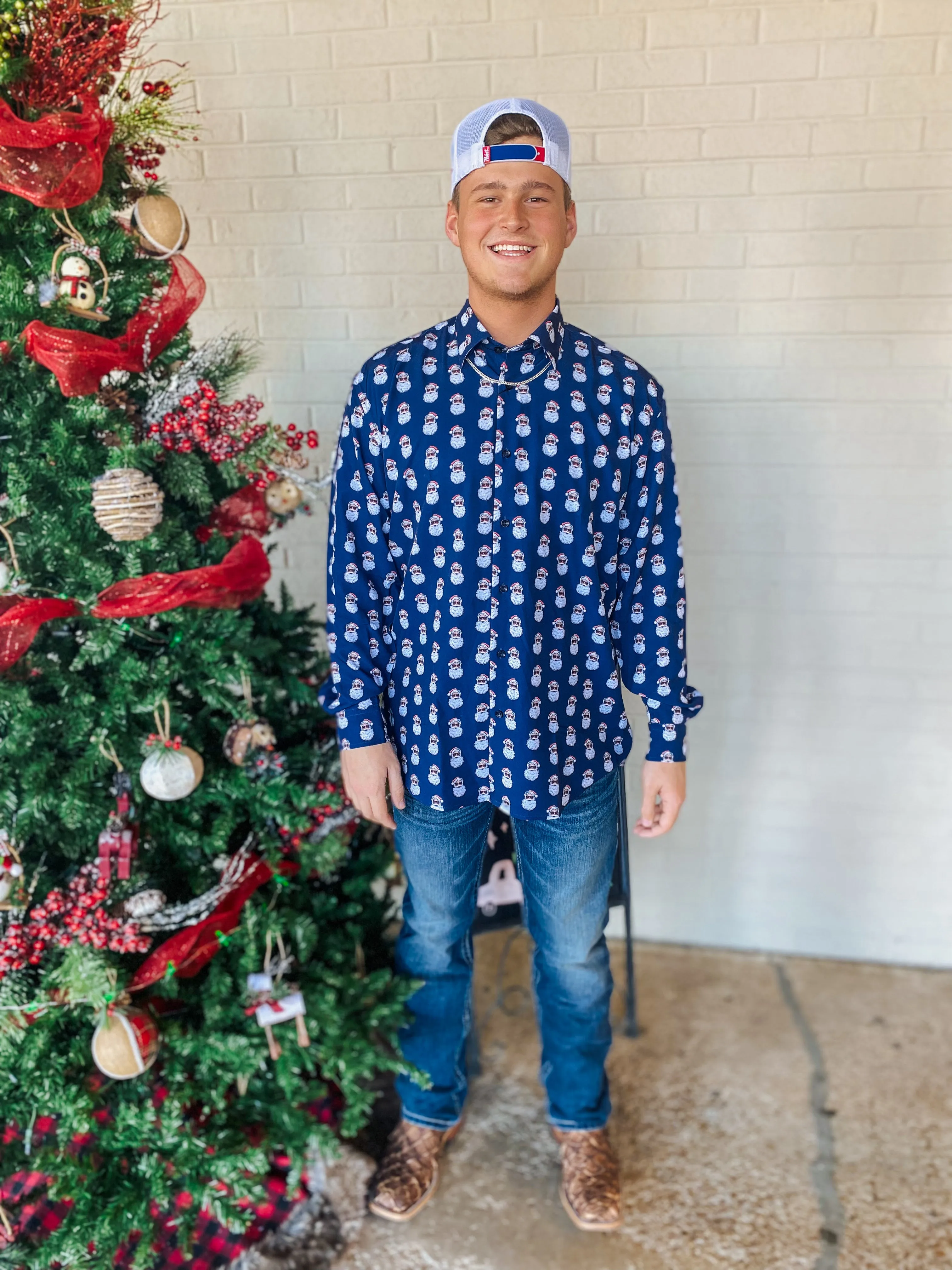 Santa Claus Navy Long Sleeve Button Up