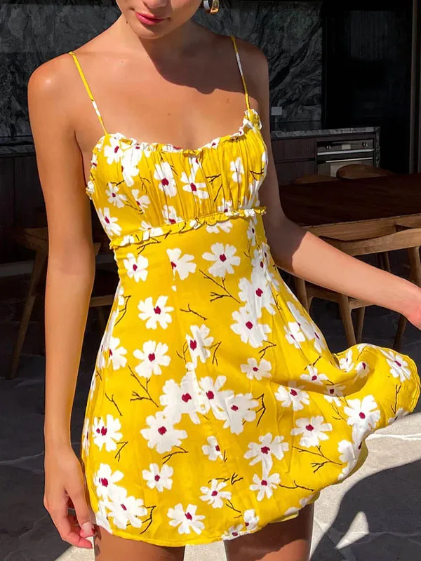 Thin straps floral ruched dress