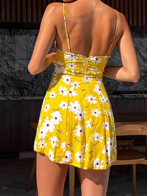 Thin straps floral ruched dress