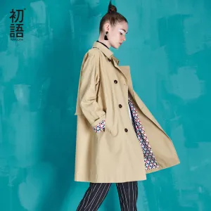 Toyouth 2017 Autumn New Arrival Trench Coat Women Double-Breasted Turn-Down Collar Medium Style Long Cotton Outwears