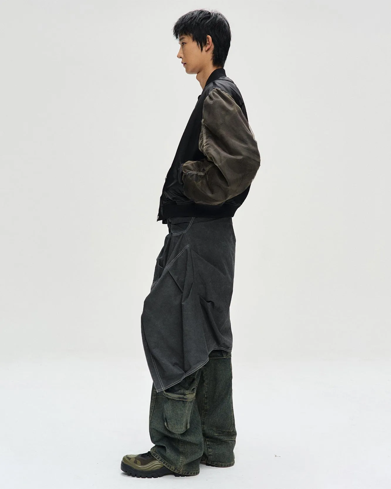 UNISEX MESH SLEEVE BOMBER JACKET awa626u(BLACK)