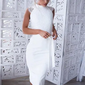 White Floral Lace Bodycon Pencil Dress