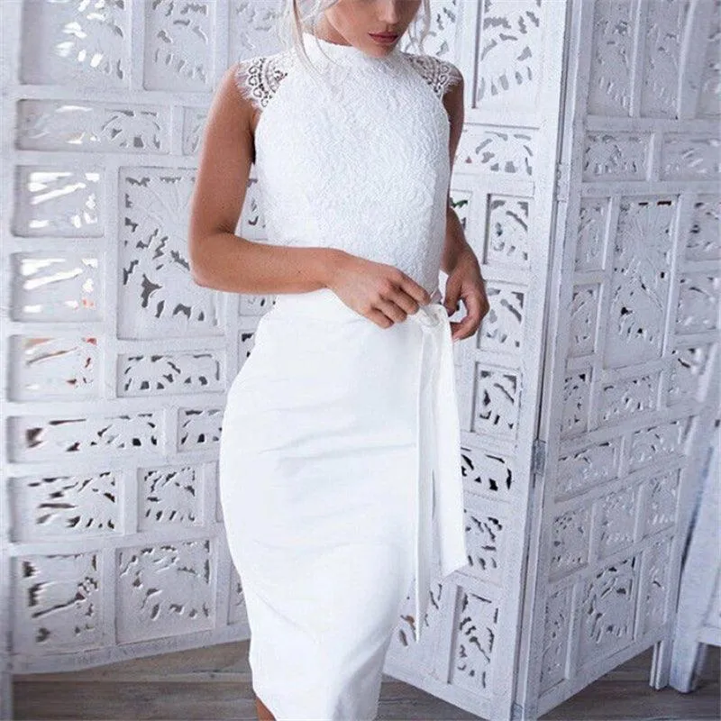White Floral Lace Bodycon Pencil Dress