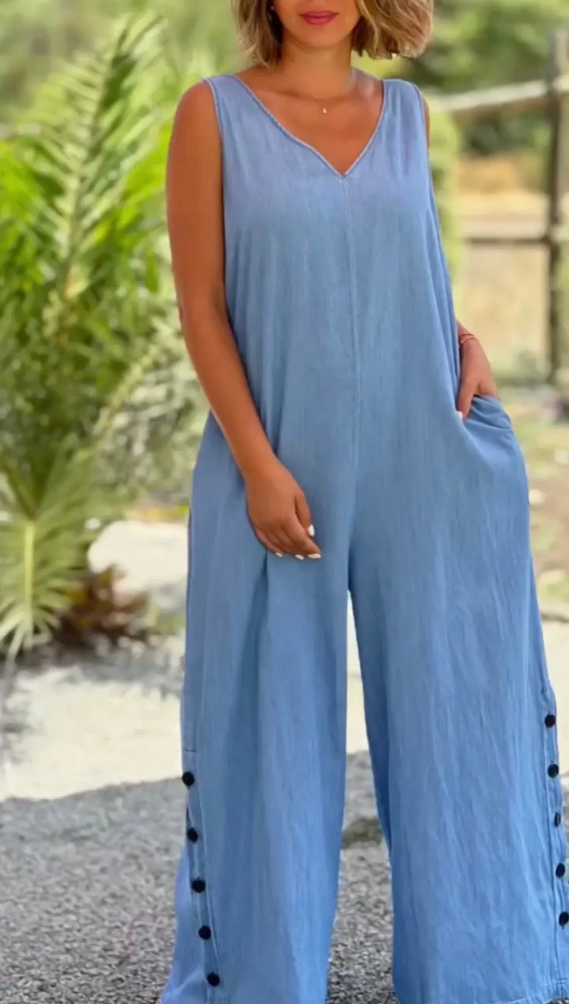 Women's Casual Fake Denim Wide Leg  Jumpsuit