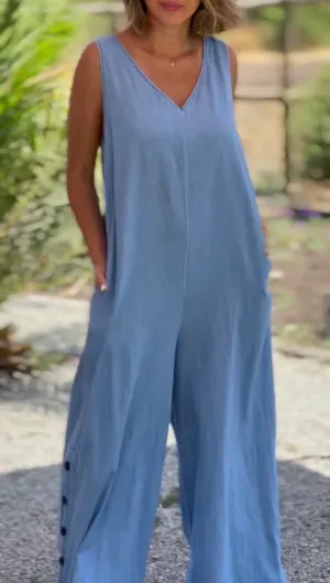 Women's Casual Fake Denim Wide Leg  Jumpsuit