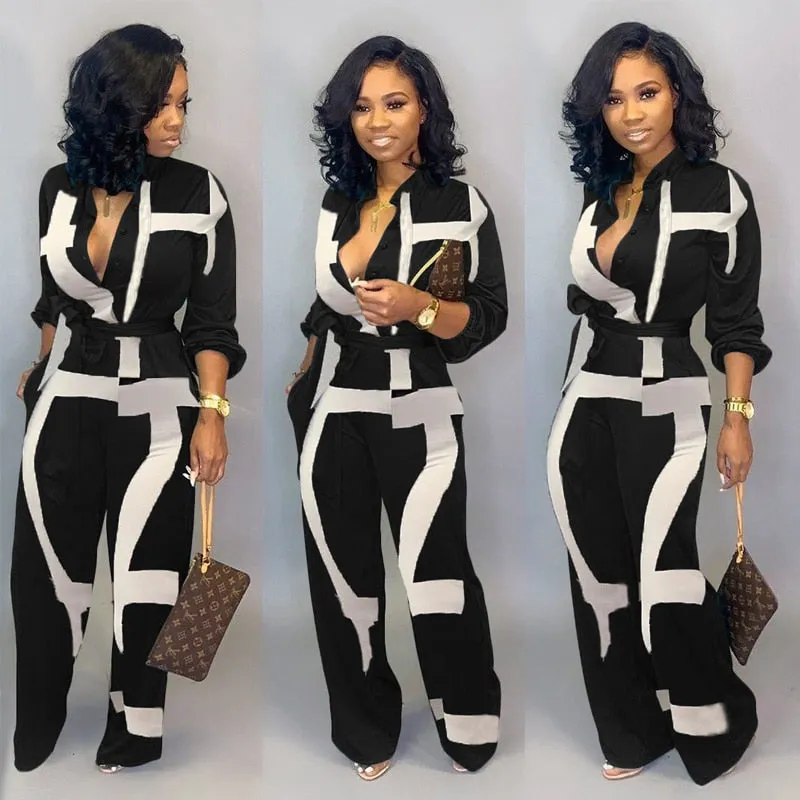 Yeknu New Fashion Jumpsuit For Women Dot Black White Rompers Button Up Self Belted Pockets Womens Jumpsuit Casual Loose Romper