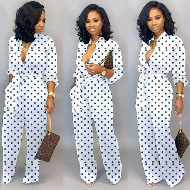 Yeknu New Fashion Jumpsuit For Women Dot Black White Rompers Button Up Self Belted Pockets Womens Jumpsuit Casual Loose Romper