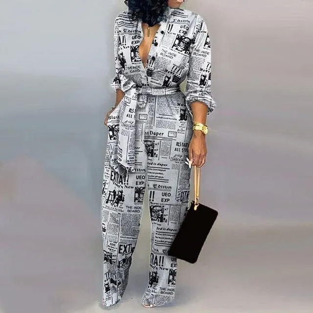 Yeknu New Fashion Jumpsuit For Women Dot Black White Rompers Button Up Self Belted Pockets Womens Jumpsuit Casual Loose Romper