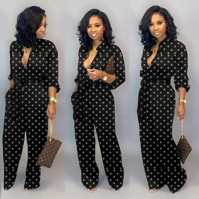 Yeknu New Fashion Jumpsuit For Women Dot Black White Rompers Button Up Self Belted Pockets Womens Jumpsuit Casual Loose Romper